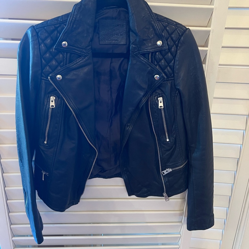 All Saints Black Leather Motorcycle Jacket with Studded Collar